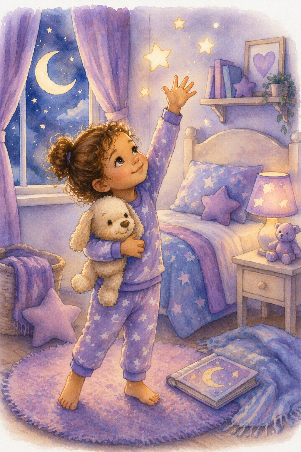 A young girl with curly hair, dressed in star-patterned pajamas, reaches up towards glowing stars and a crescent moon in her bedroom. She is holding a white fluffy dog. The room is decorated with star-themed items, including a star-shaped pillow, a moon and star blanket, and star-shaped decorations on the wall. There's a nightstand with a teddy bear and a star-patterned lamp, a window showing a night sky with moon and stars, and a book with moon and star illustrations on the floor.