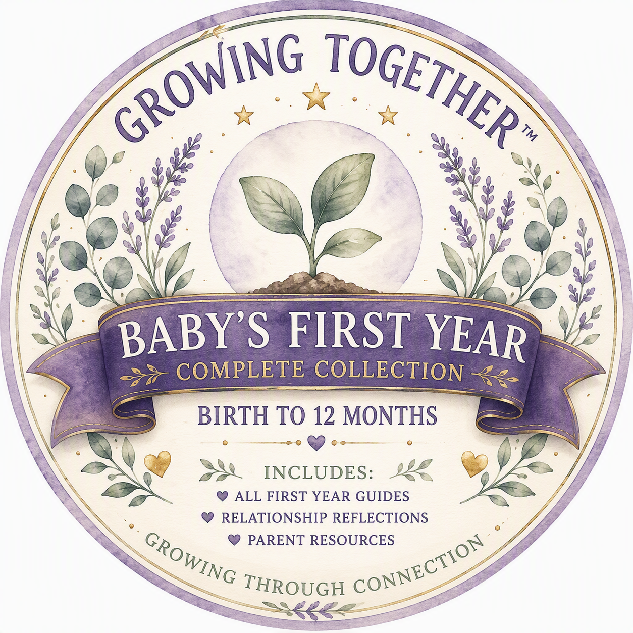 A circular watercolor-style illustration advertising a baby’s first year complete collection, featuring a growing plant seedling, surrounded by lavender and gold accents, with text about guides, reflections, and resources for birth to 12 months.