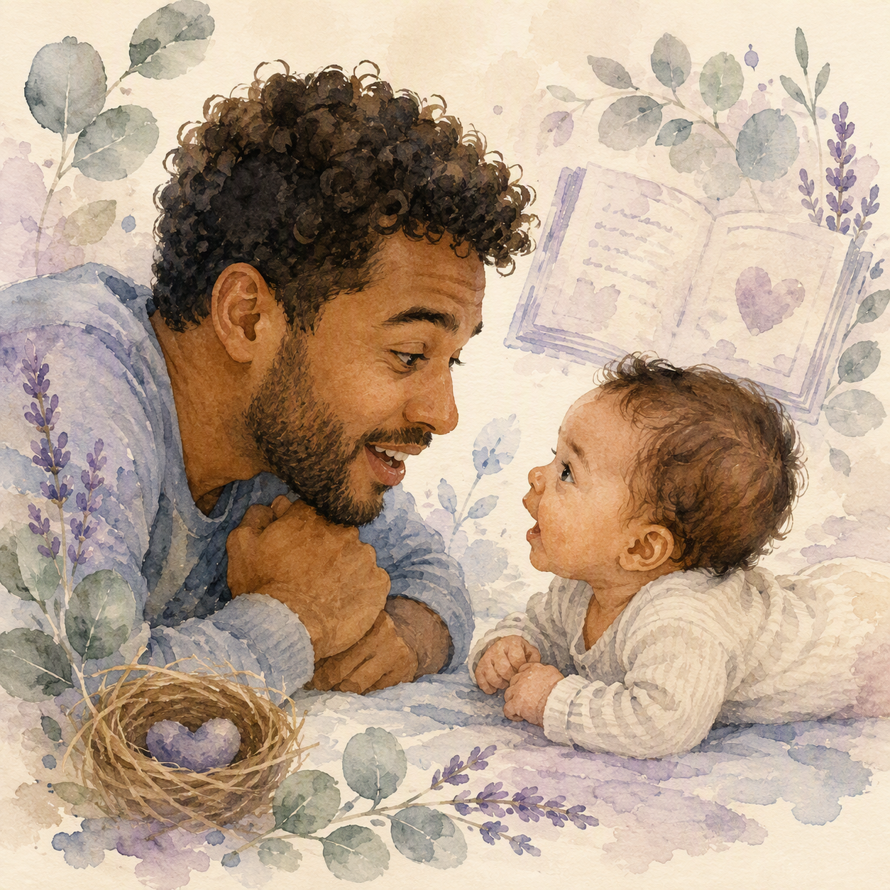 A watercolor painting of a father and baby lying on their stomachs, facing each other and smiling. There are decorative leaves and lavender flowers surrounding them, with an open book and a small nest with a heart inside it in the background.