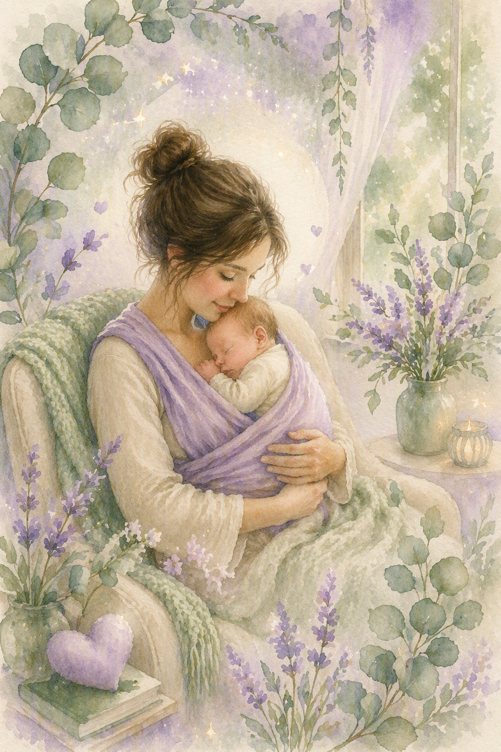 Watercolor painting of a mother holding her sleeping baby close, sitting on a cozy armchair surrounded by lavender and greenery, with a soft glowing background and candles.