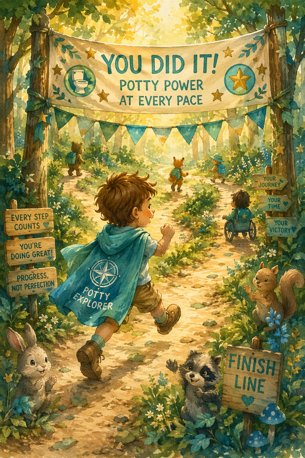 Children and animals participating in a potty training adventure through a forest, with signs and banners celebrating progress and achievement.