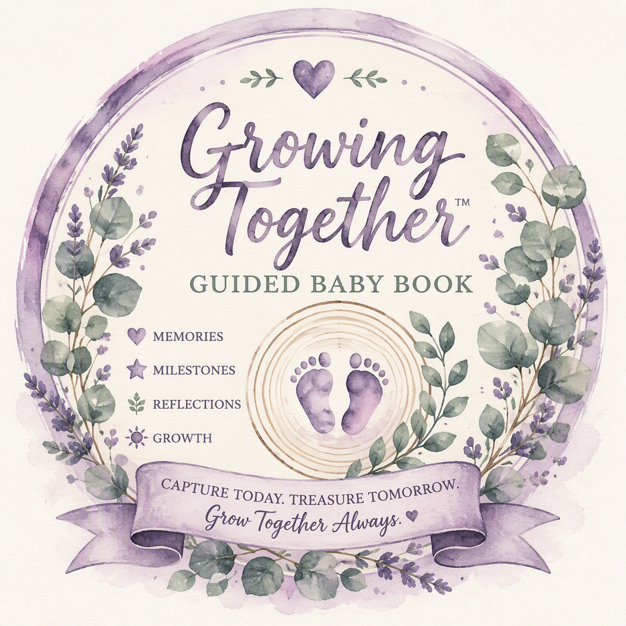 Watercolor style cover of a baby book titled 'Growing Together' with lilac flowers and green leaves, showing a pair of purple footprints, and text about memories, milestones, reflections, and growth.