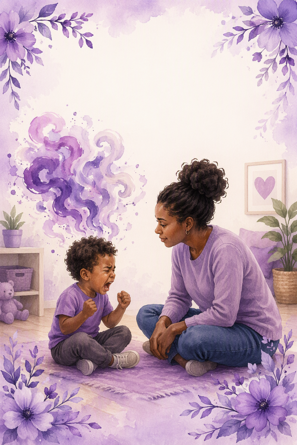 An illustration of a woman and a young child sitting on a purple rug in a room decorated with purple flowers and a heart picture on the wall. The child is crying and clenching their fists, while the woman leans in to comfort them with a caring expression. Purple smoke or mist swirls above the child's head.