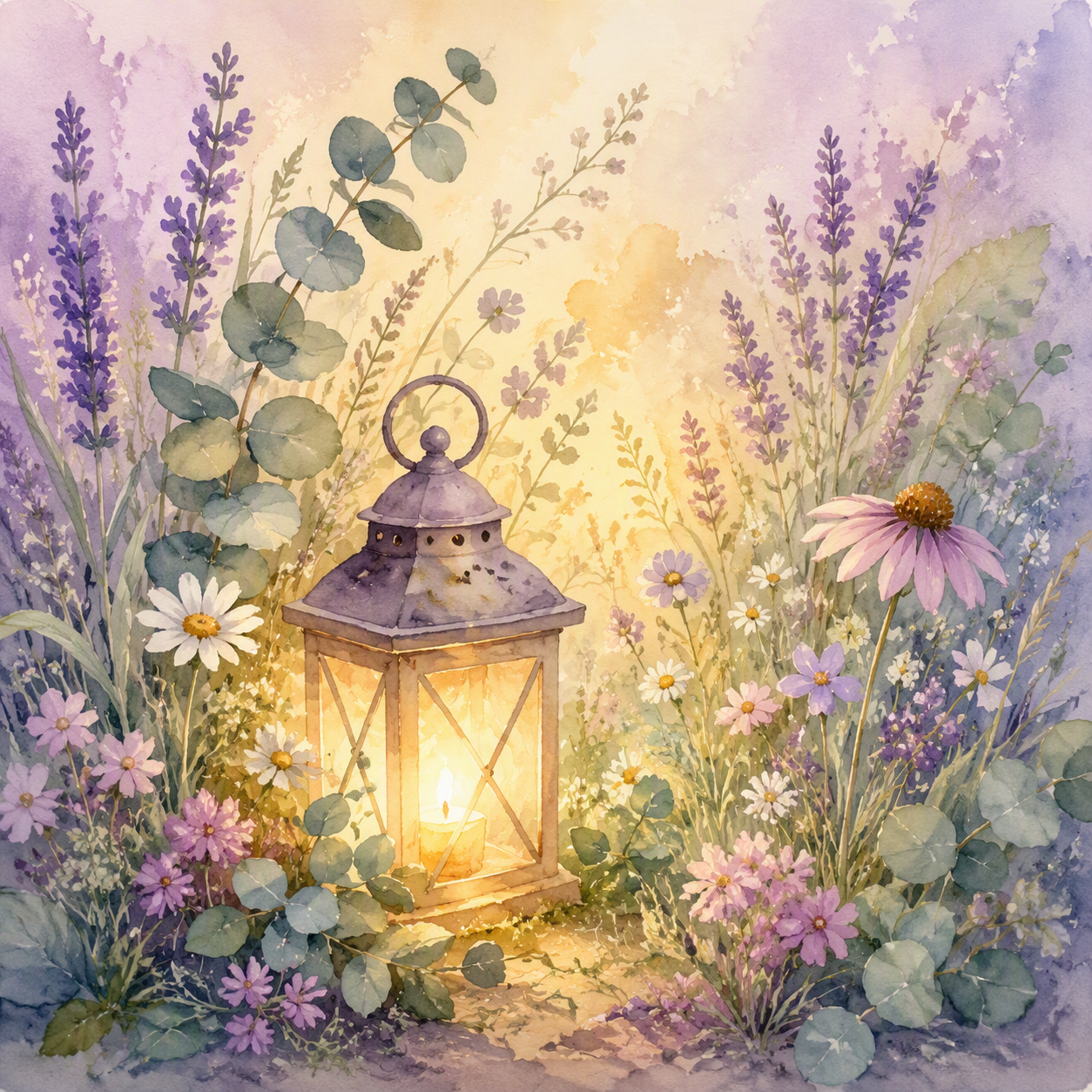 A watercolor painting of a lantern with a lit candle surrounded by blooming flowers and green foliage, with a soft pastel background.