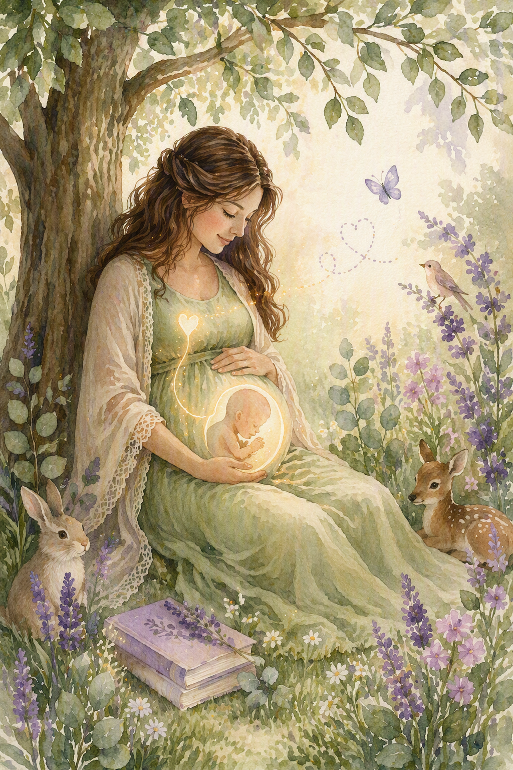 A young woman with long curly hair sits under a tree in a garden, gently holding her pregnant belly. Inside her belly, a glowing baby is cradled. The scene includes animals like a rabbit, a fawn, a butterfly, and a bird, surrounded by purple and white flowers and greenery, with a closed book on the ground nearby.