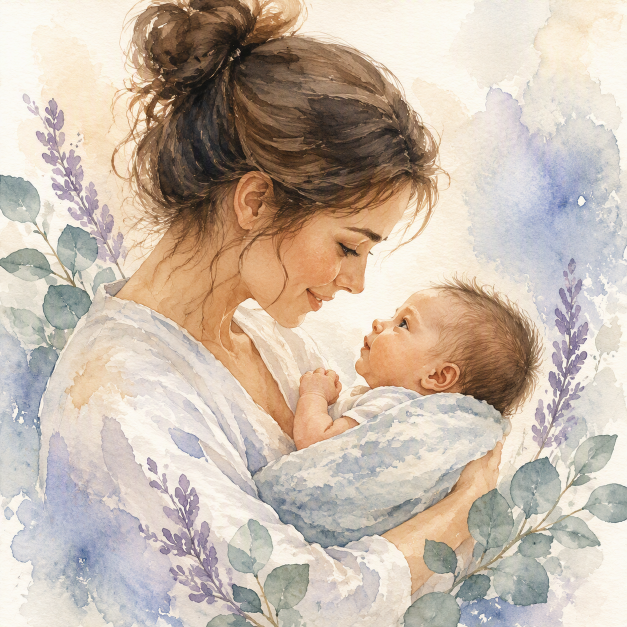 A woman with brown hair in a bun holding a baby in her arms, looking at each other lovingly, with watercolor-style background of leaves and lavender sprigs.