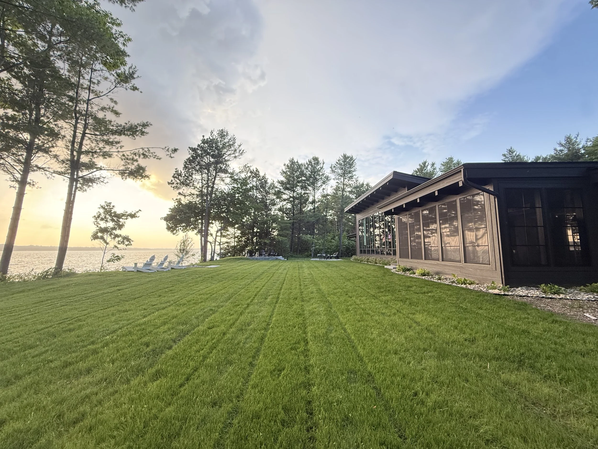 Freshly striped lawn at a lake home on the East Arm of Grand Traverse Bay