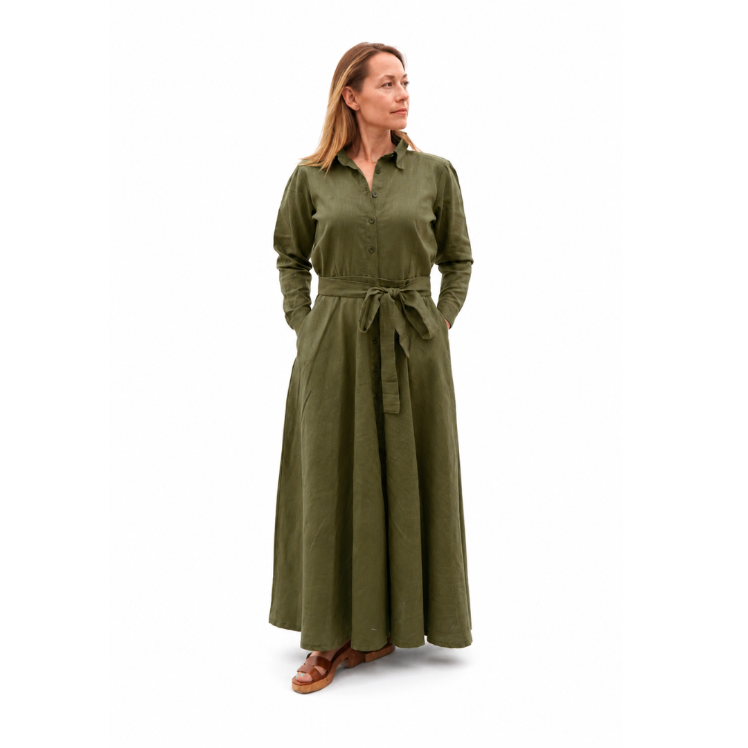 Olive Linen Shirt Dress