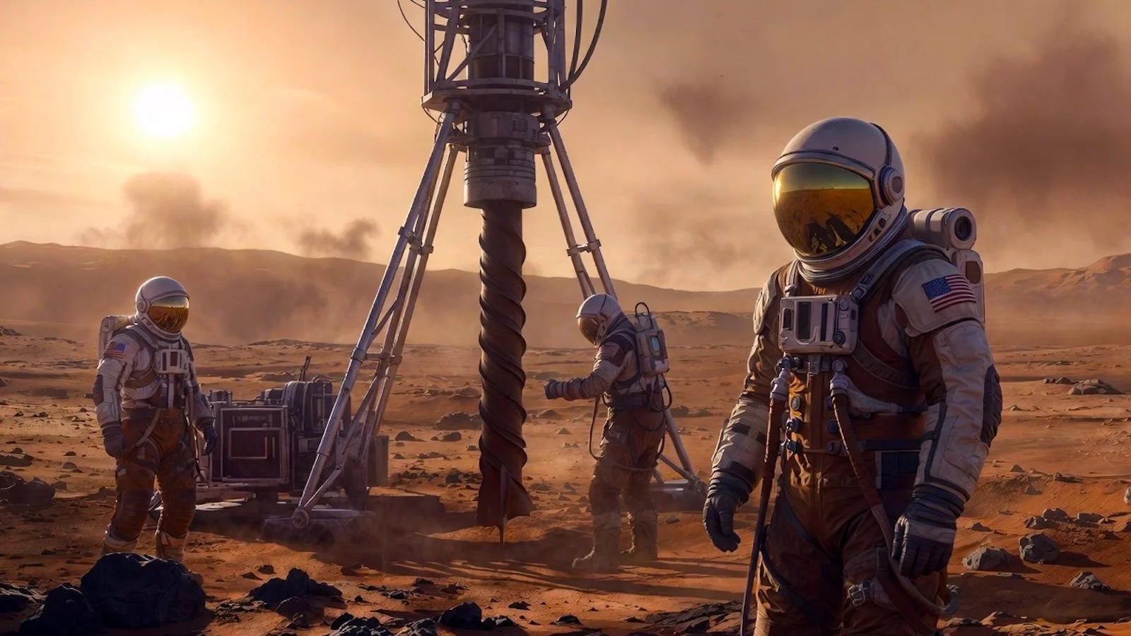 Astronauts operating a large-scale ISRU drilling system on the Martian surface to extract local resources for sustainable habitation — core capability of the Interplanetary Regen Alliance