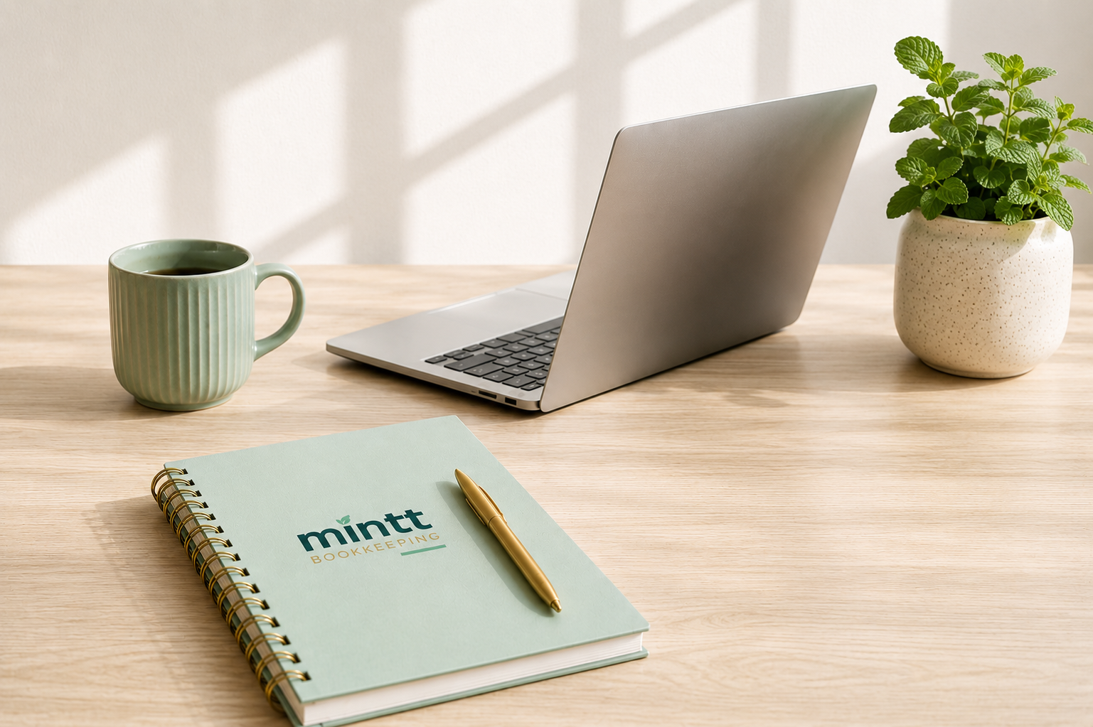 A light-colored wooden desk with a green coffee mug, a closed silver laptop, a green notebook with a gold pen on top, and a potted plant with green leaves.