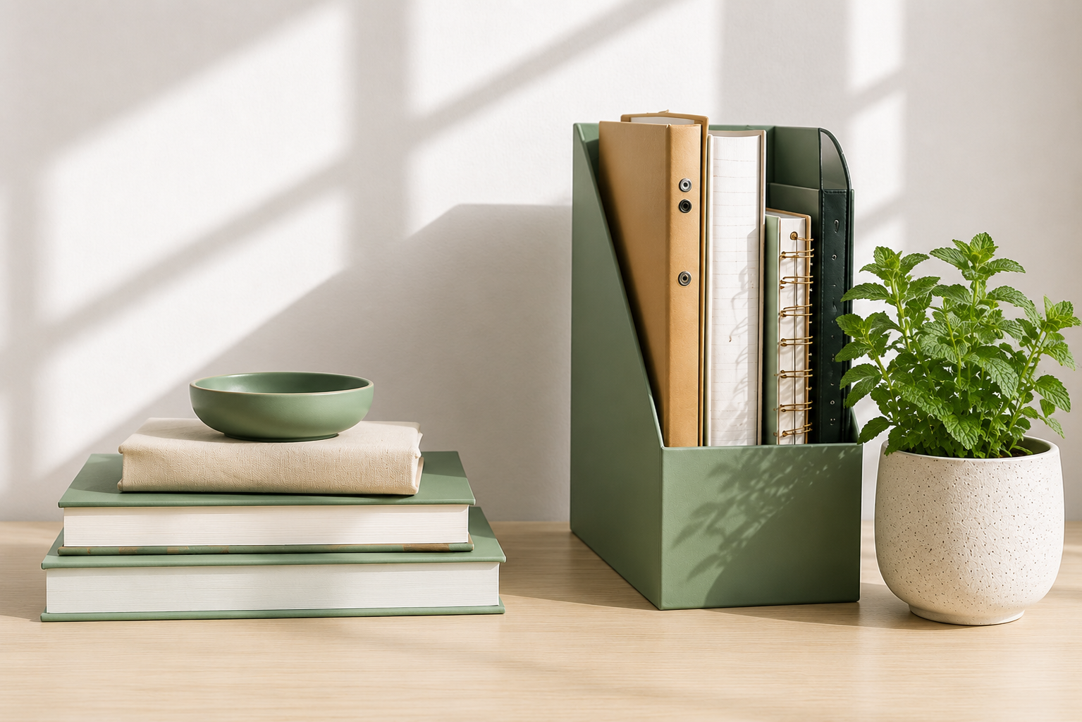 A desk with a stack of books, a green bowl, a beige cloth, a gold and white spiral notebook, a tan binder, a black file organizer, and a potted green plant, with sunlight casting shadows on the white wall.