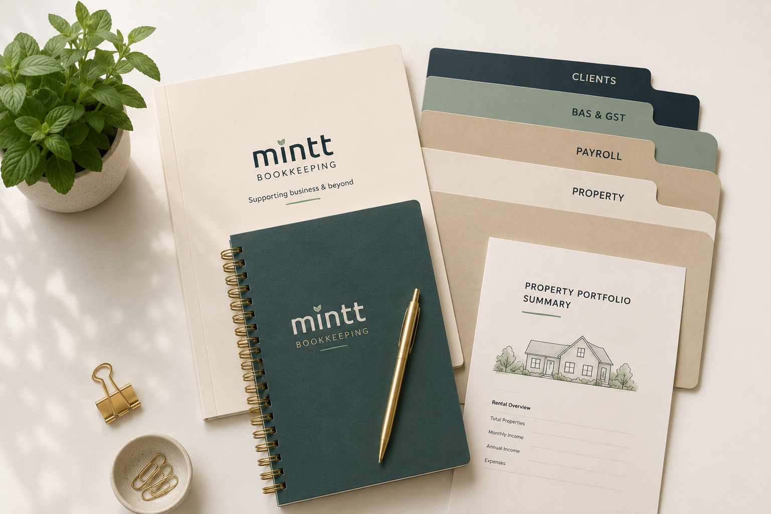 Arrangement of bookkeeping materials, including a potted mint plant, a book titled 'mint BOOKKEEPING', a matching spiral-bound notebook with a gold pen, and assorted folders labeled 'CLIENTS', 'BAS & GST', 'PAYROLL', and 'PROPERTY', alongside a property portfolio summary sheet.
