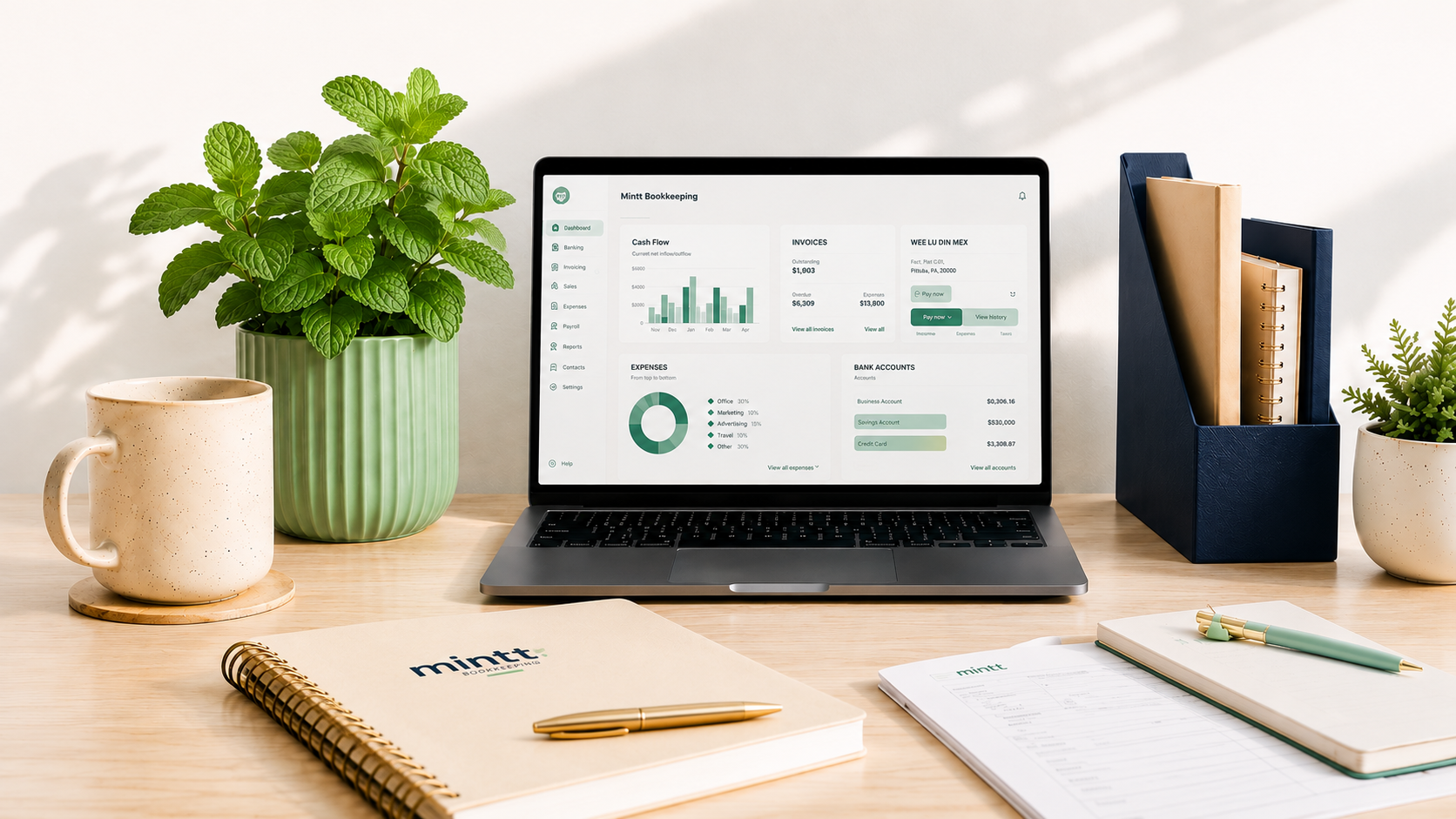 Modern bookkeeping workspace with Mintt Bookkeeping branding, cloud accounting dashboard, client files and office stationery.