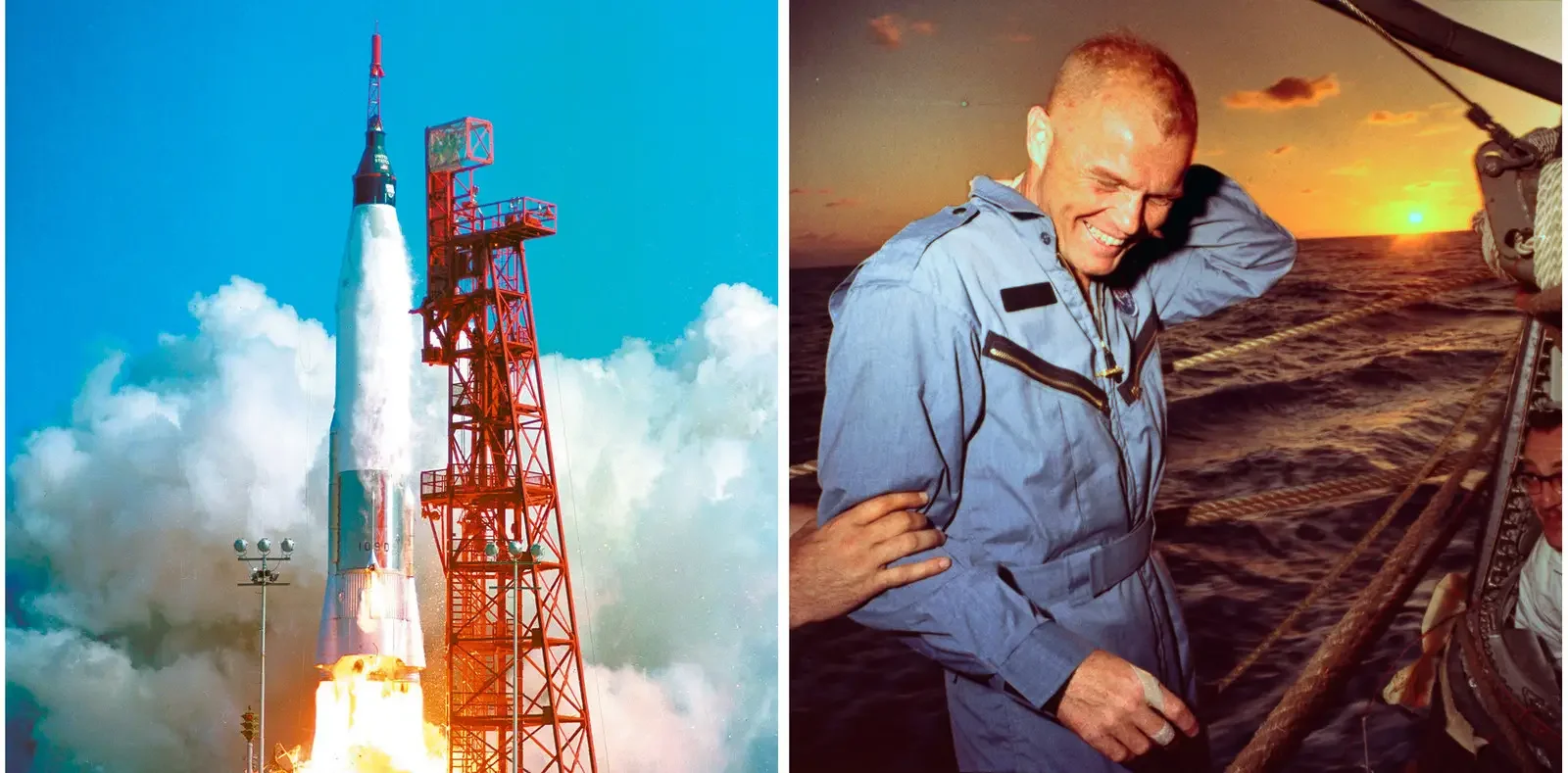 A rocket launches into the sky on the left, with a man in a blue jumpsuit standing on a boat at sunset on the right, smiling and adjusting his cap.