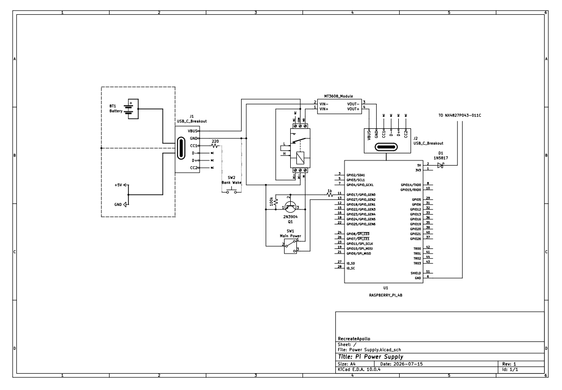 A technical schematic diagram of a Raspberry Pi power supply circuit with various electronic components, connectors, and labels.