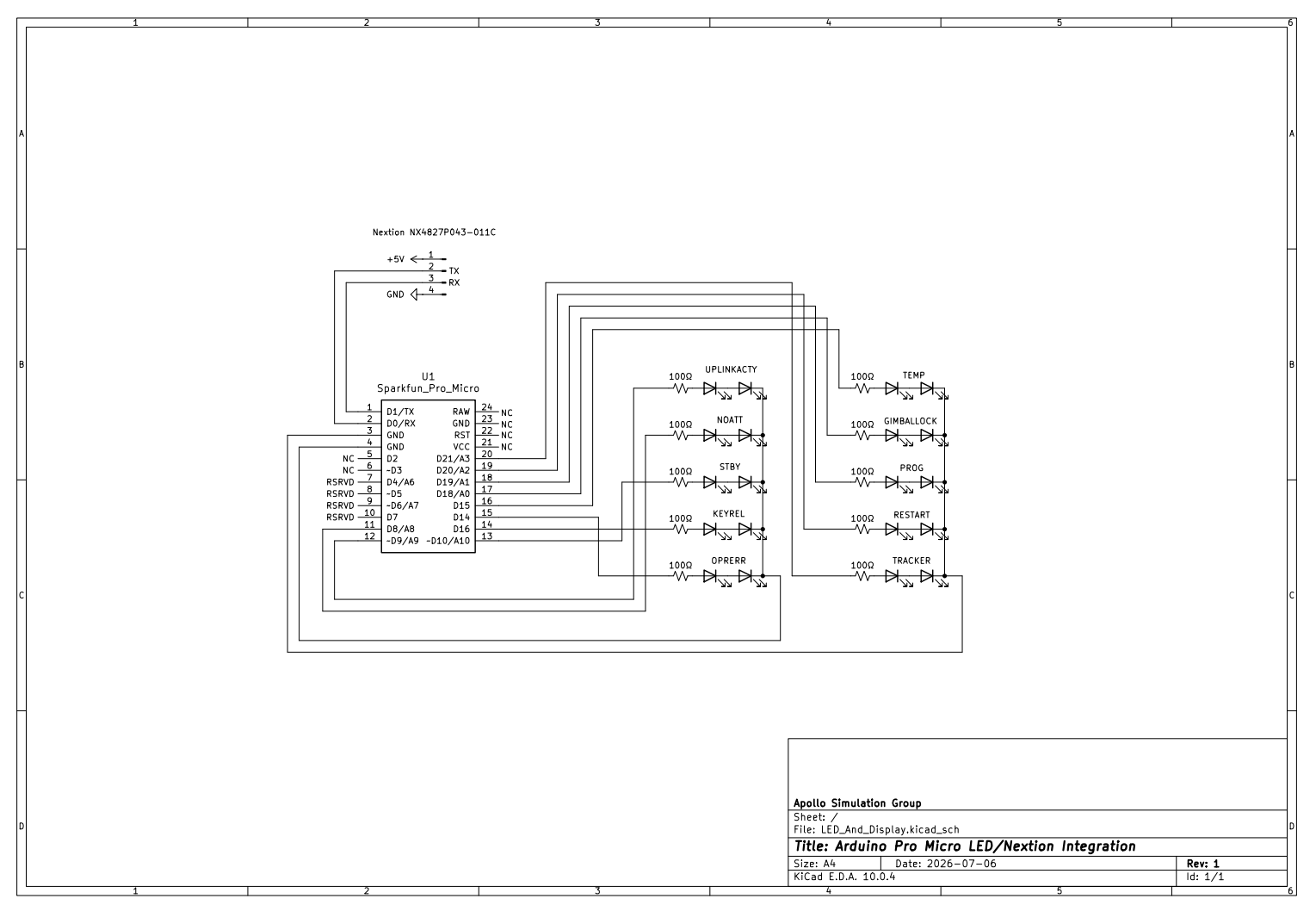 Electrical schematic diagram for a microcontroller project, showing connections between an Arduino Pro Micro, a Nano, and various LEDs labeled UPLINKACTV, NOATT, STBY, KEYREL, OPERRR, GIMBALLOCK, PROG, RESTART, and TRACKER.