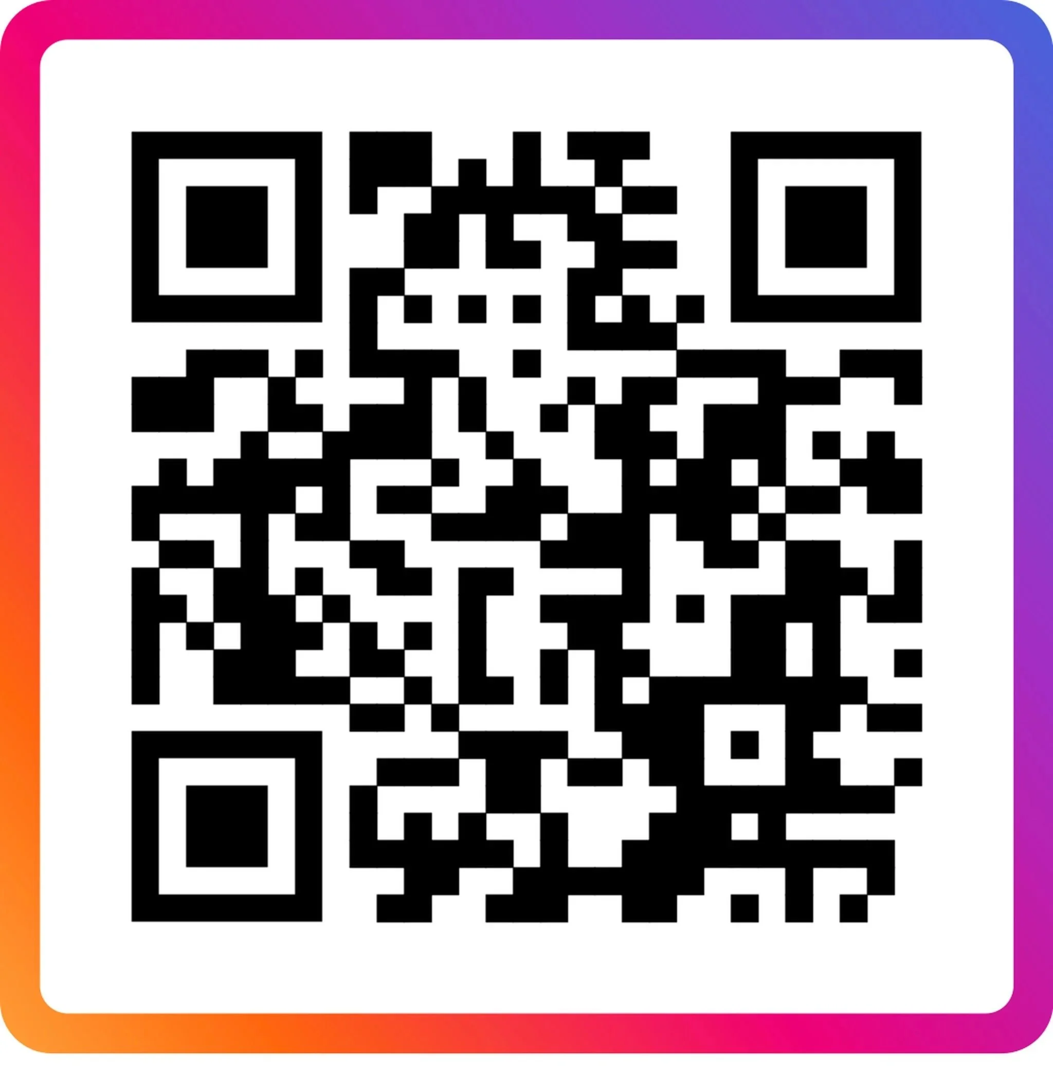A black and white QR code on a colorful background with rainbow gradient edges.