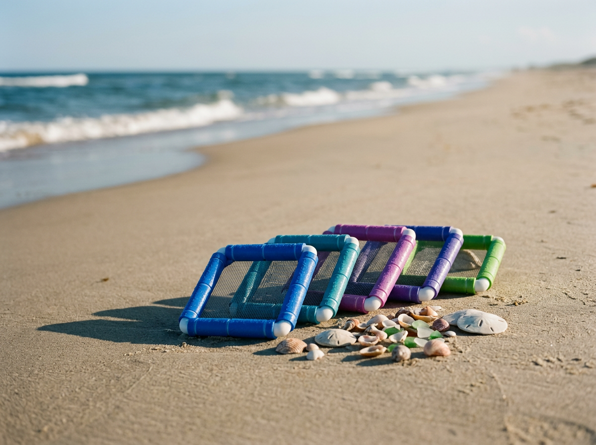 Colorful shore sifters lined up on beach with shells and sea glass
