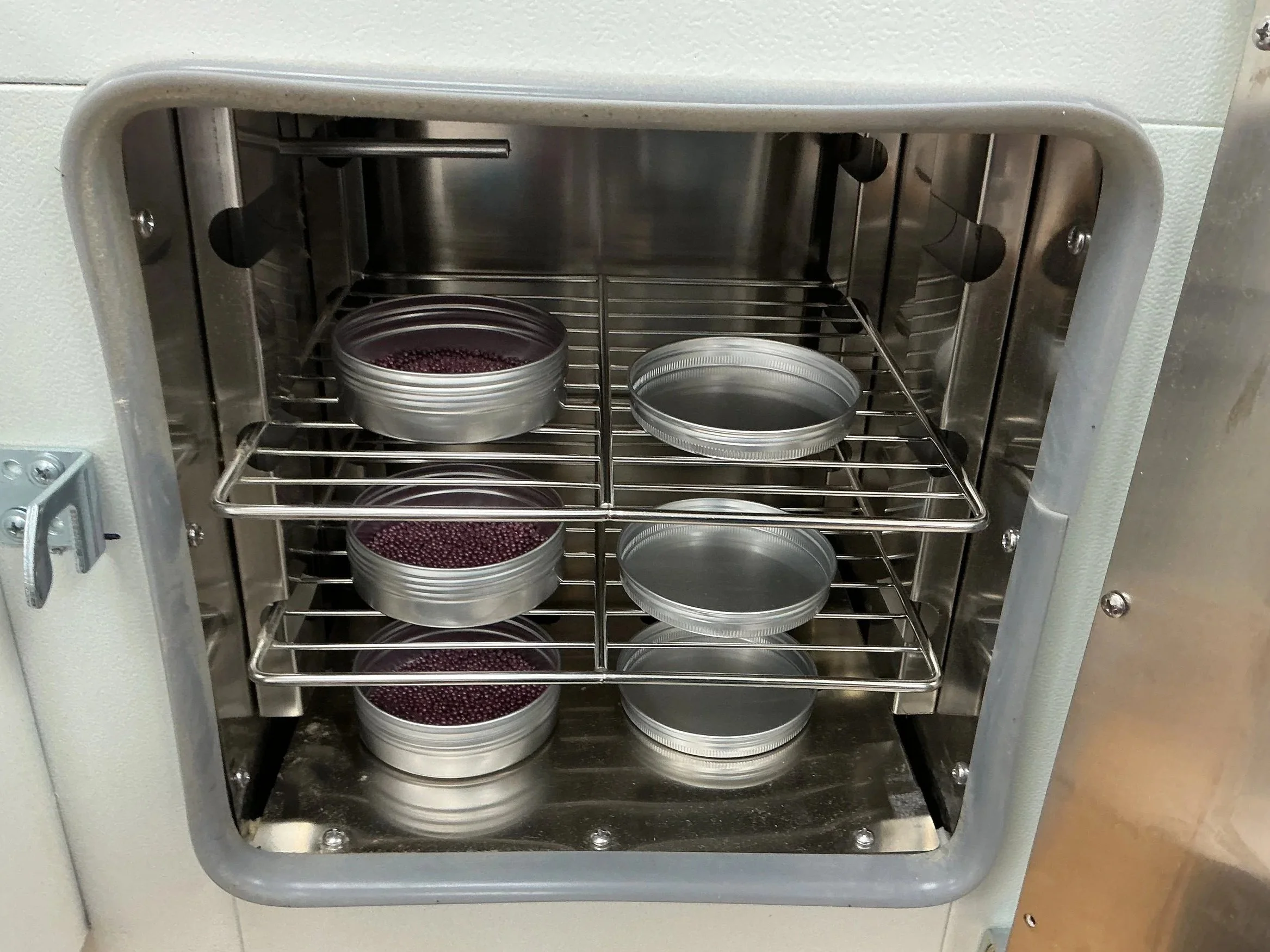 A small, stainless steel sterilizer with a metal rack inside, holding empty round tins.