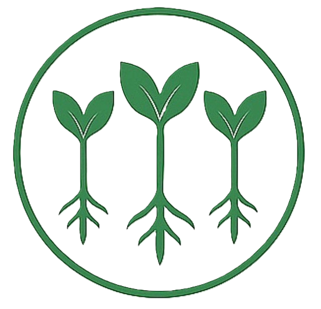 Three stylized green sprouts with leaves and roots inside a circular border.