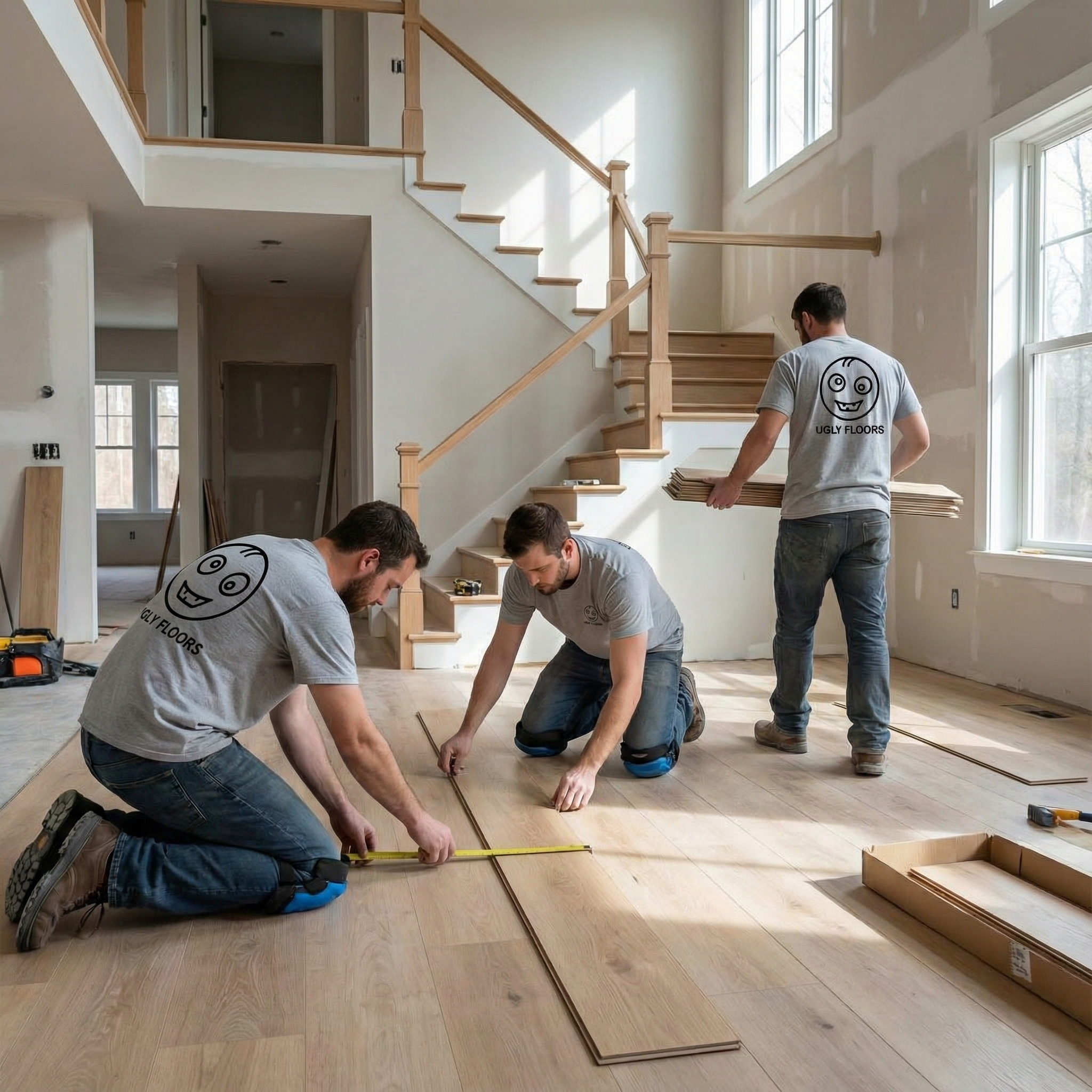 Workers installing hardwood flooring in a house with natural sunlight coming through large windows.