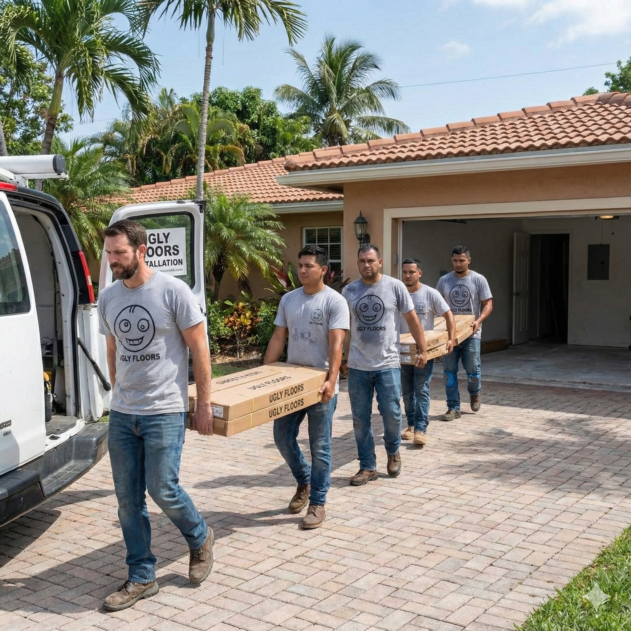A group of men wearing gray T-shirts with a smiling face logo, carrying boxes labeled "Ugly Floors," walking out of a house in a sunny, palm-tree surrounded neighborhood.