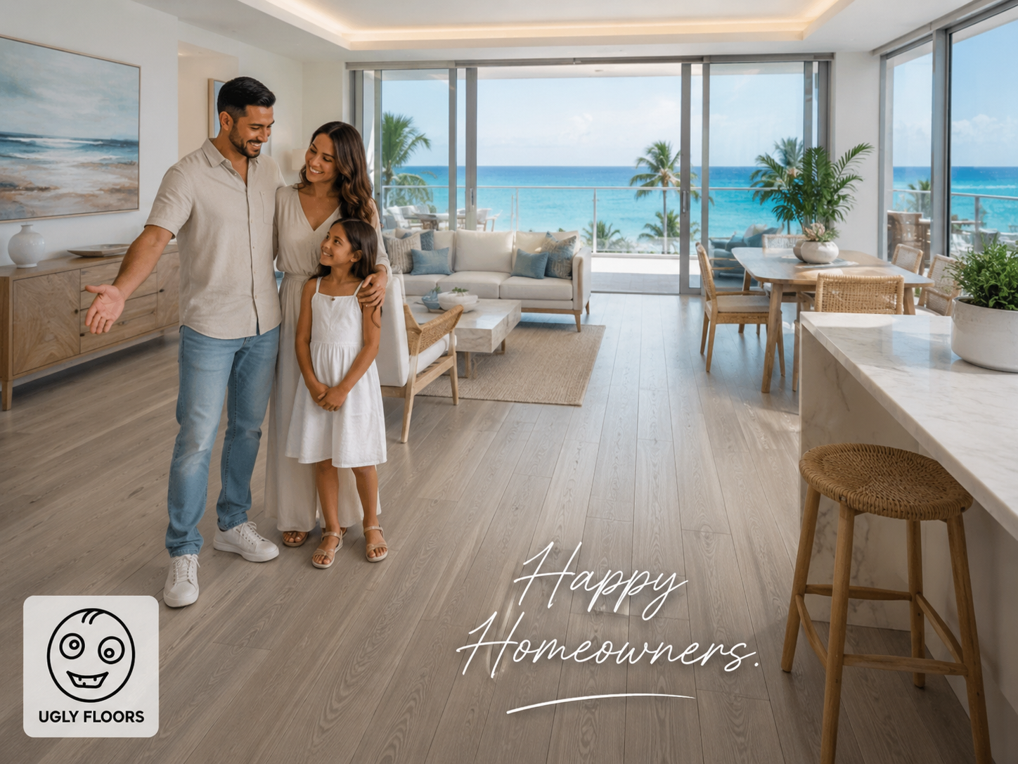 Family of three standing together in a bright, seaside living room with large windows showing ocean view. The family includes a man, woman, and young girl all smiling and dressed in light, casual clothing. The room has modern decor with a white sofa, wooden furniture, and green plants, with the ocean and palm trees visible outside.