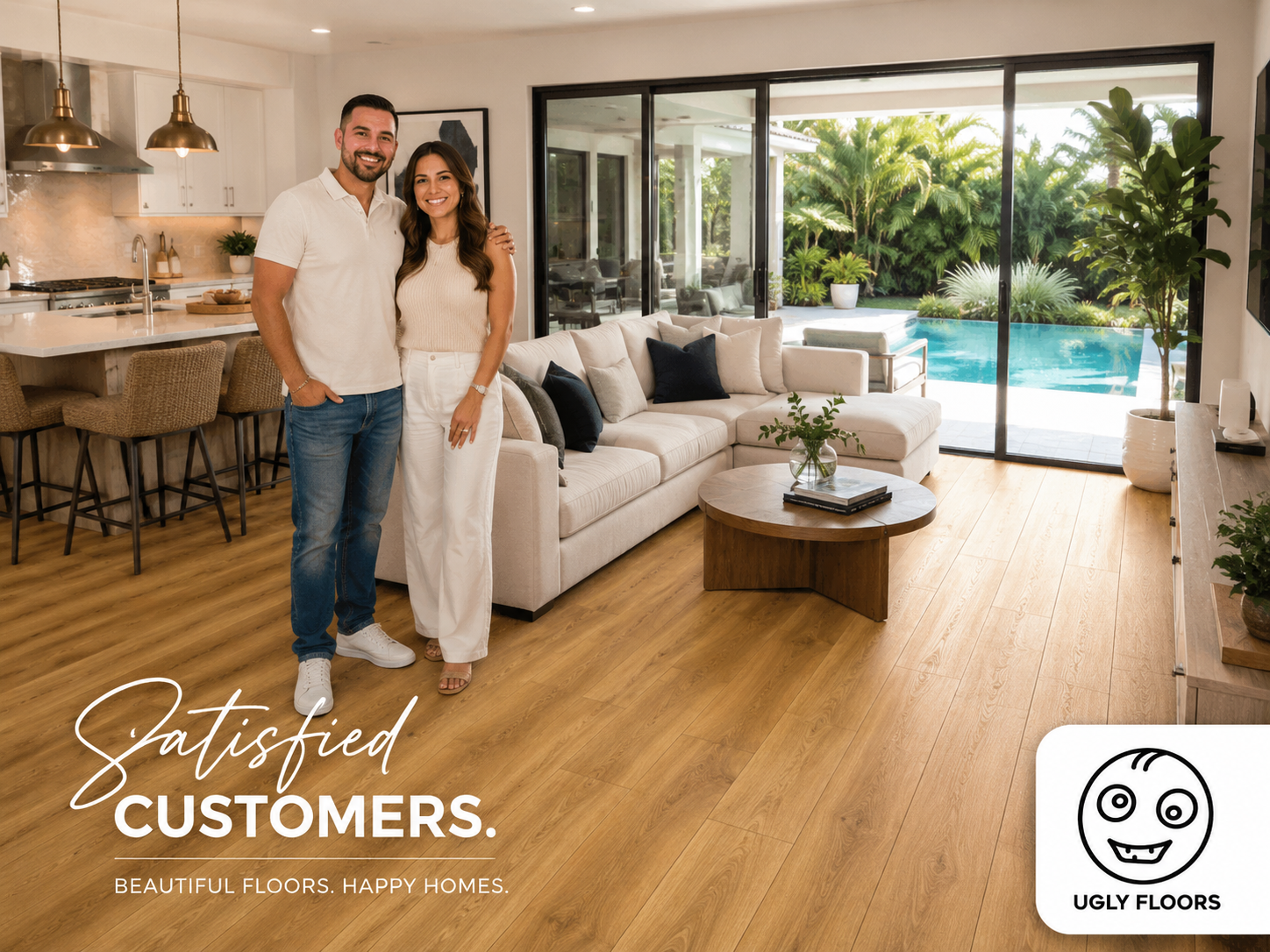 A smiling couple standing in a modern living room with wooden floors, a large white sofa, and sliding glass doors leading to a backyard with a pool and lush greenery.