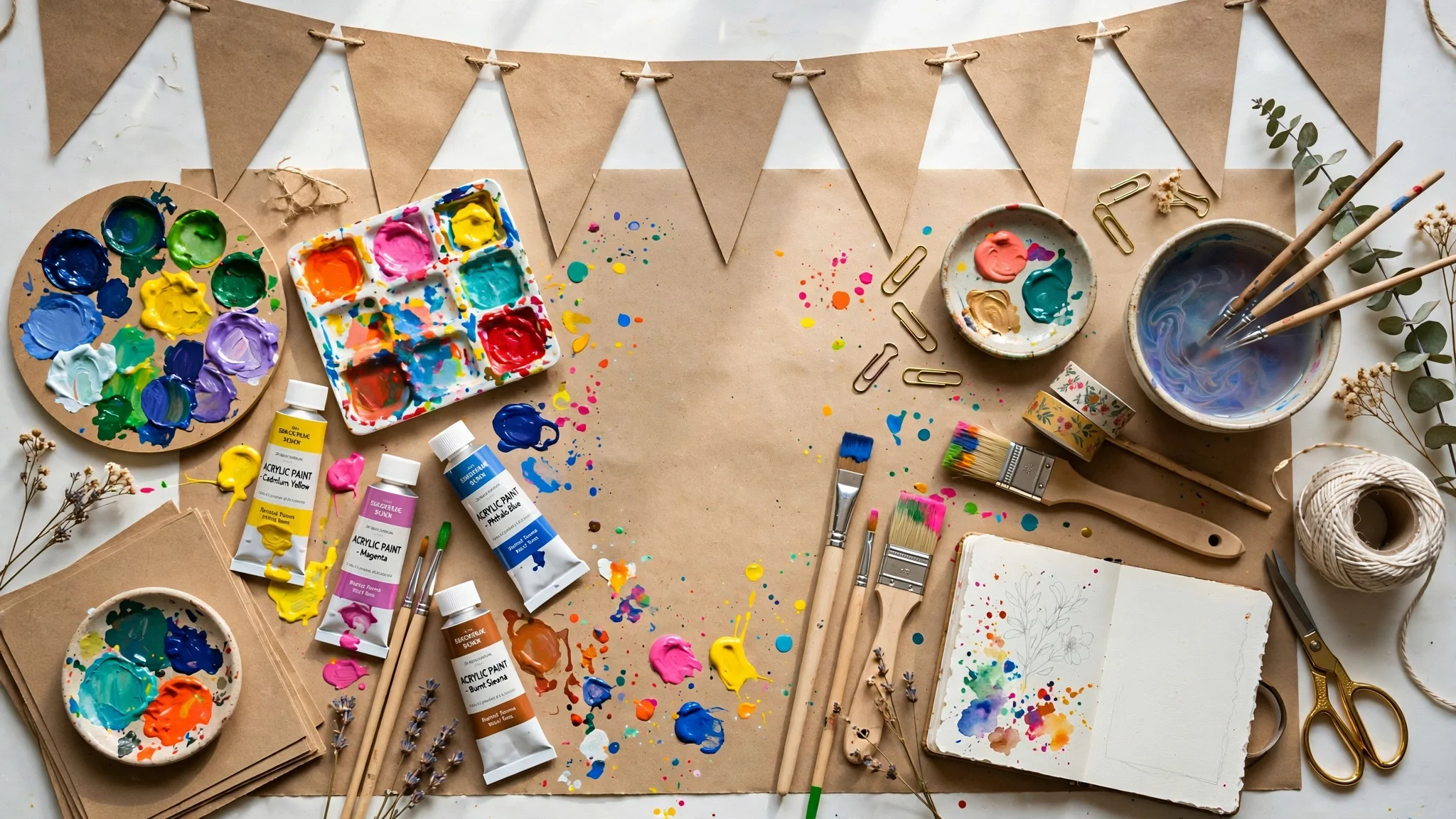 An arts and crafts workspace with various paint colors, brushes, paper, scissors, and decorations on a table.