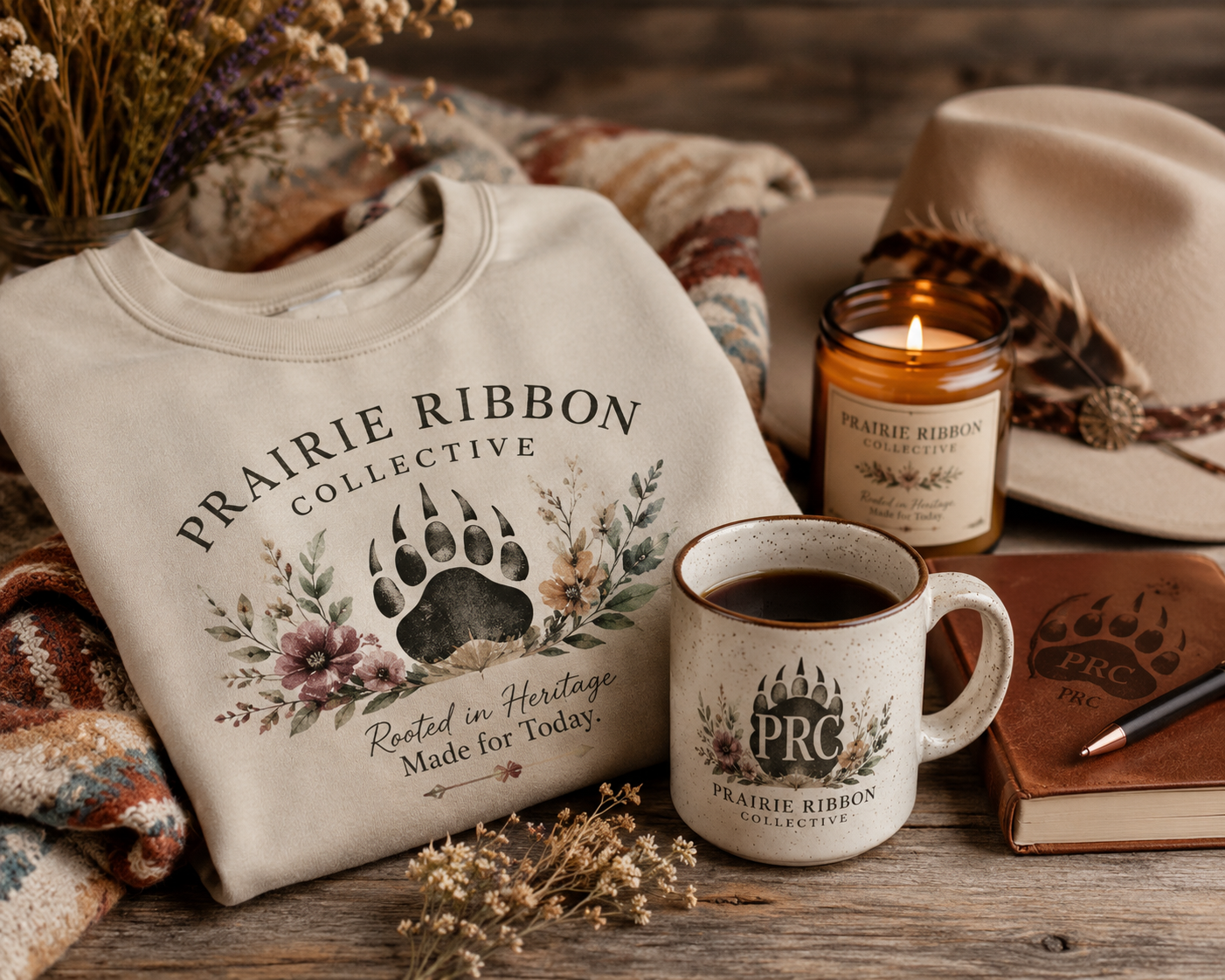Flat lay of Prairie Ribbon Collective merchandise, including a beige sweatshirt with floral design and bear paw print, a mug of coffee, a lit candle, a beige hat with leopard print a feather, a leather journal, and dried flowers on a rustic wooden surface.