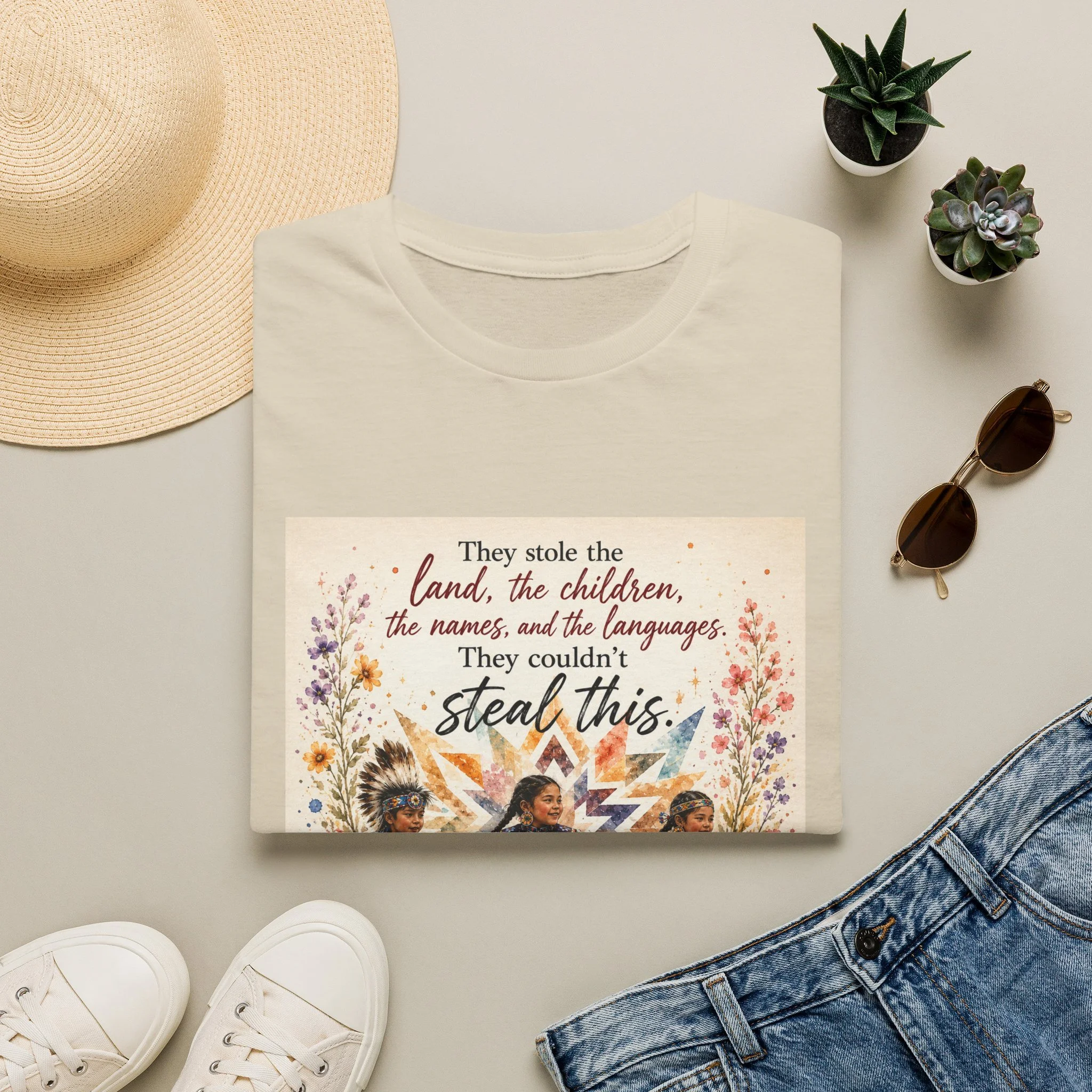 Flat lay of fashion items including a straw sun hat, a white t-shirt, white sneakers, a pair of sunglasses, and a pair of blue jeans, with two small potted succulent plants on a neutral background.
