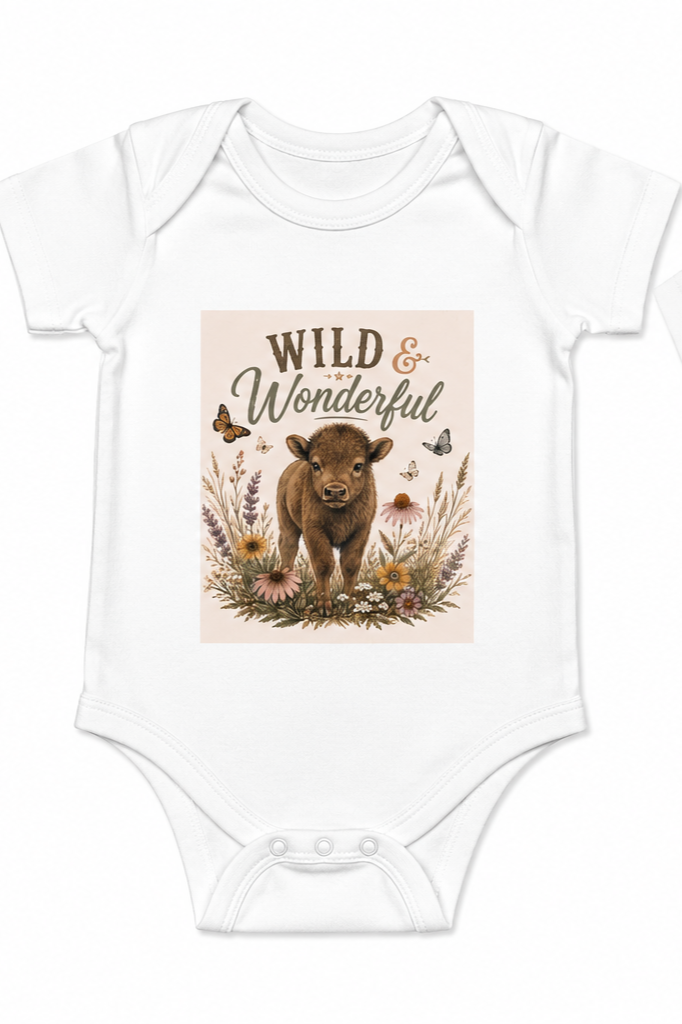 White baby onesie featuring a graphic of a baby animal, various flowers, and butterflies with the text 'Wild & Wonderful' in a decorative font.