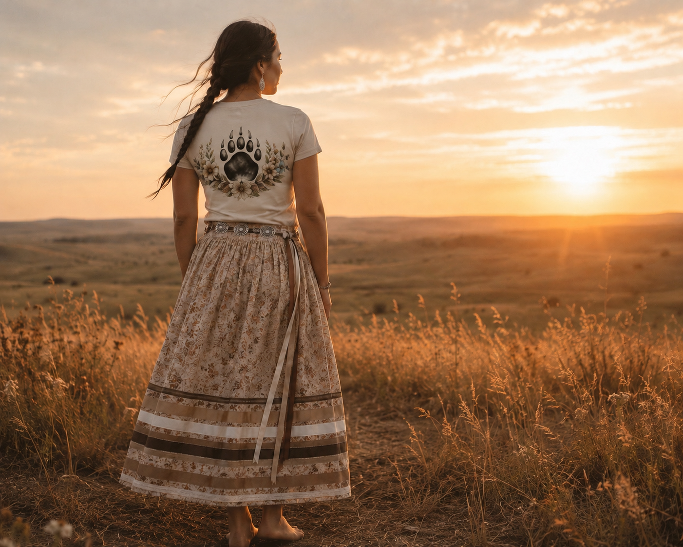 A woman standing in a field at sunset, facing away, wearing a beige skirt and a shirt with a bear paw print design.