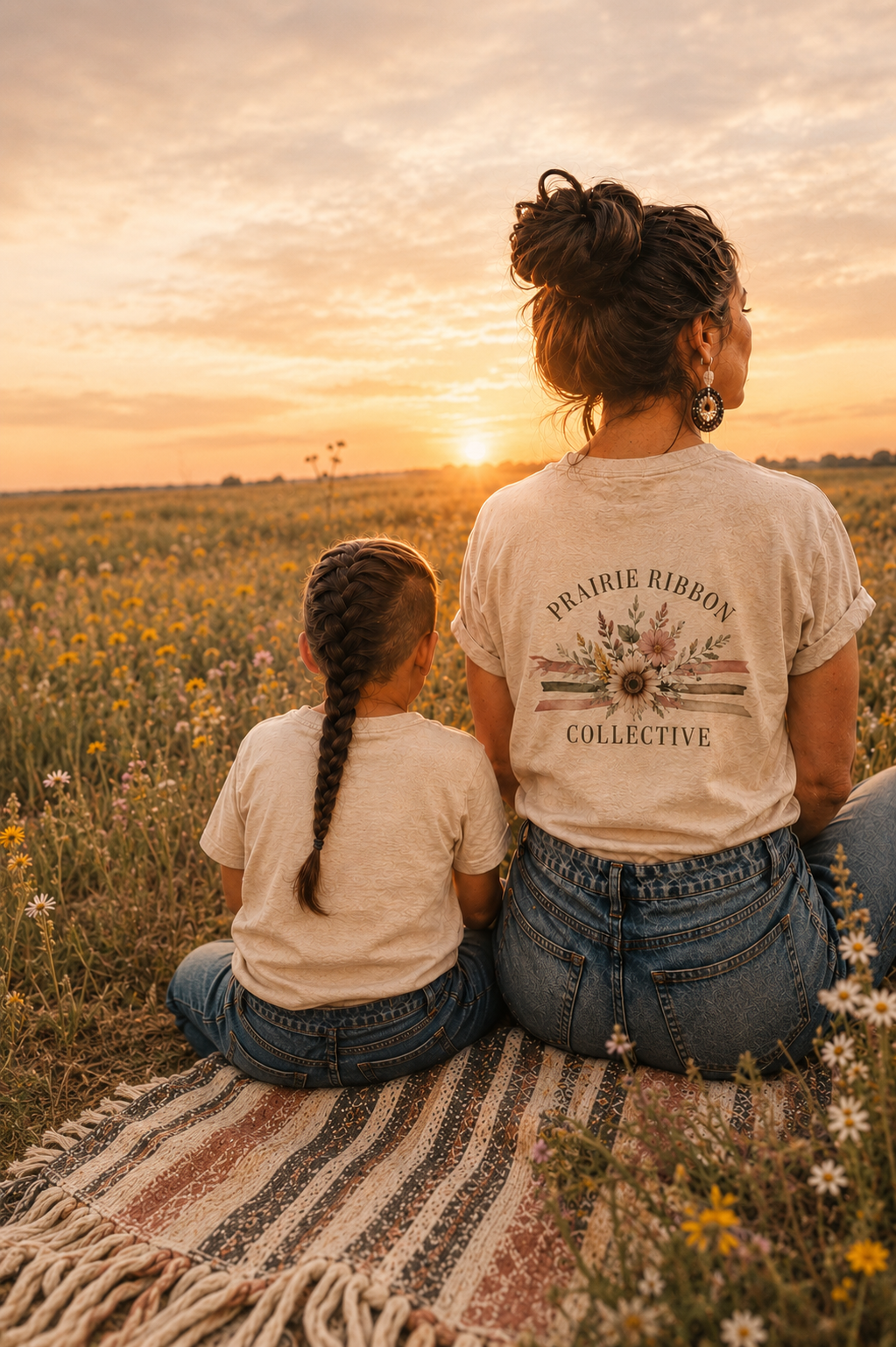 A woman and a girl sitting on a blanket in a field of wildflowers, watching a sunset.