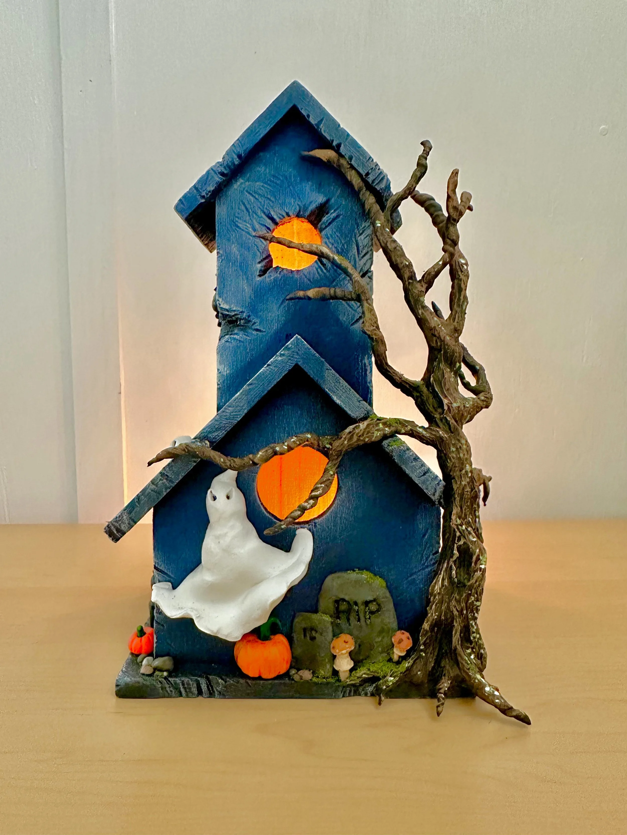Ghost House with Tree, Gravestones, mushrooms and lights