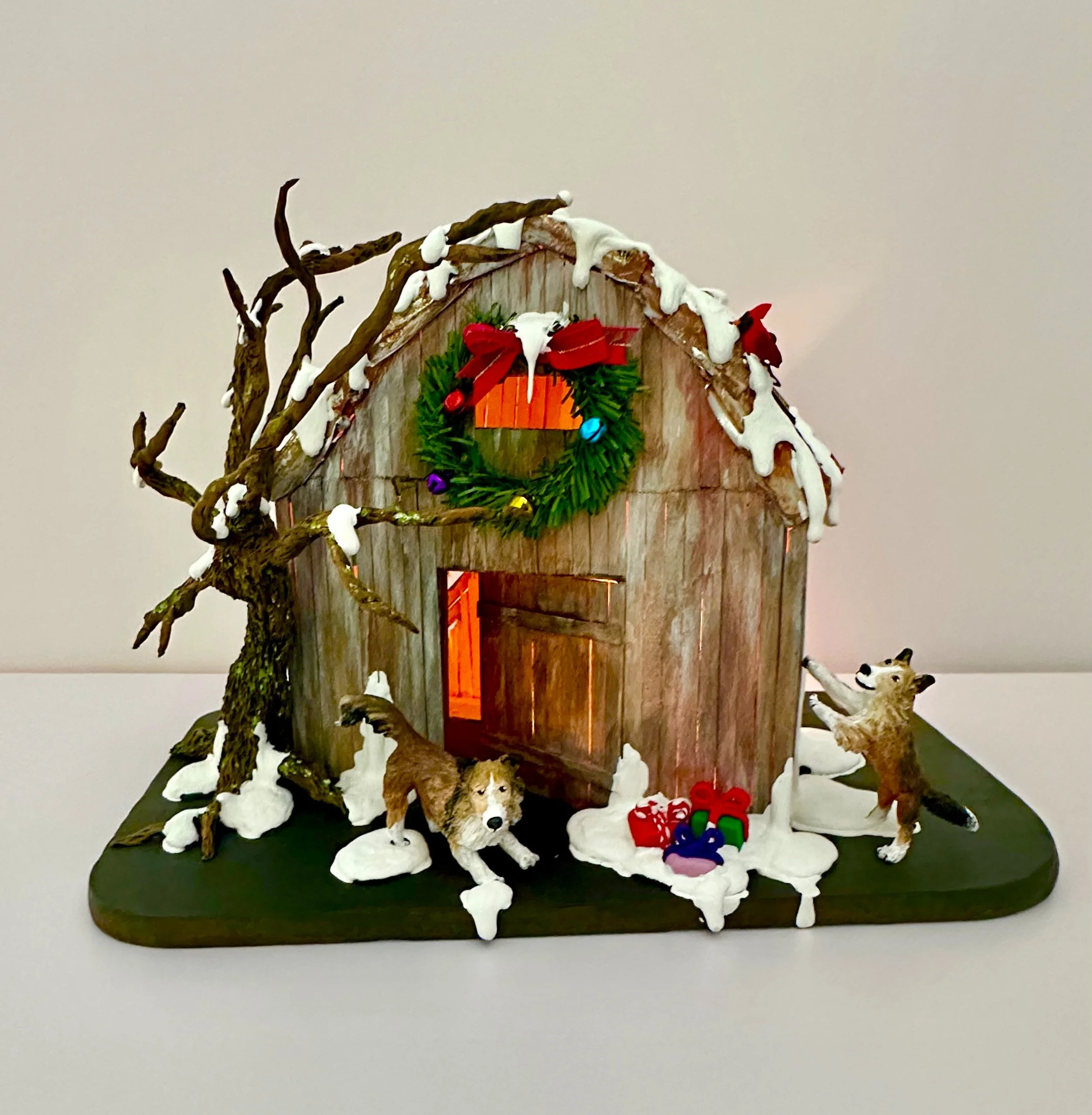 Christmas Barn with Two Playful Shelties