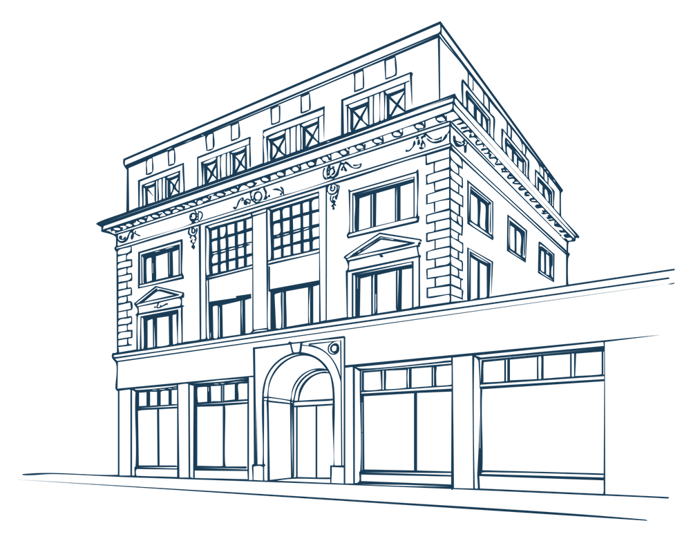 Loveday UK illustration. A digital line drawing of a three-story building with ornate architectural details and multiple large windows.