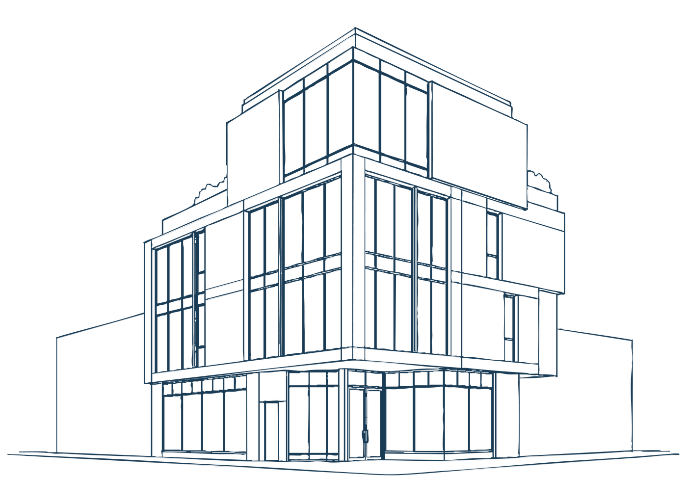 Line drawing of a modern multi-story building with large glass windows and balconies on each floor.