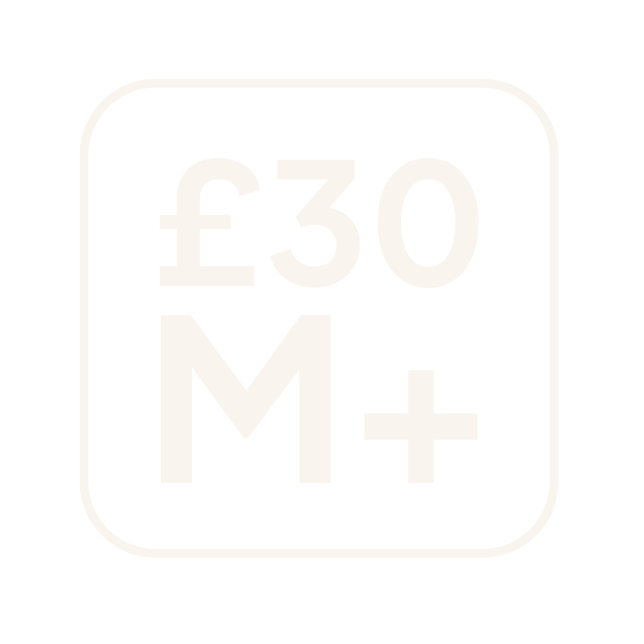 Icon with pound sign 30, letter M showing more than £30Million transacted but Loveday.