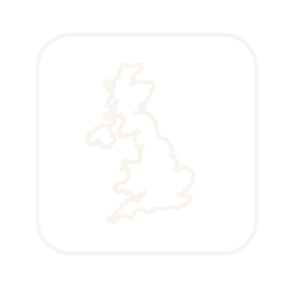Outline map of the United Kingdom on a black background, enclosed in a rounded square border. Depicting Loveday work with clients UK-wide.