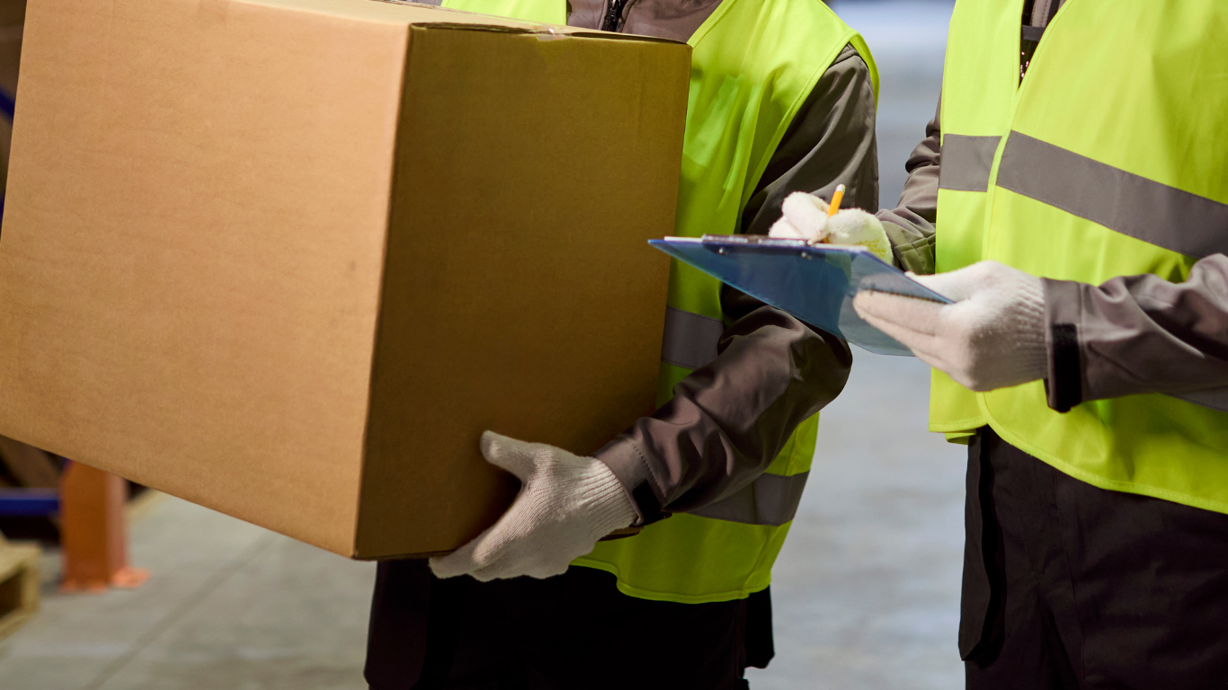 Two warehouse workers wearing yellow safety vests and gloves handling a large cardboard box, one holding the box and the other writing on a clipboard.