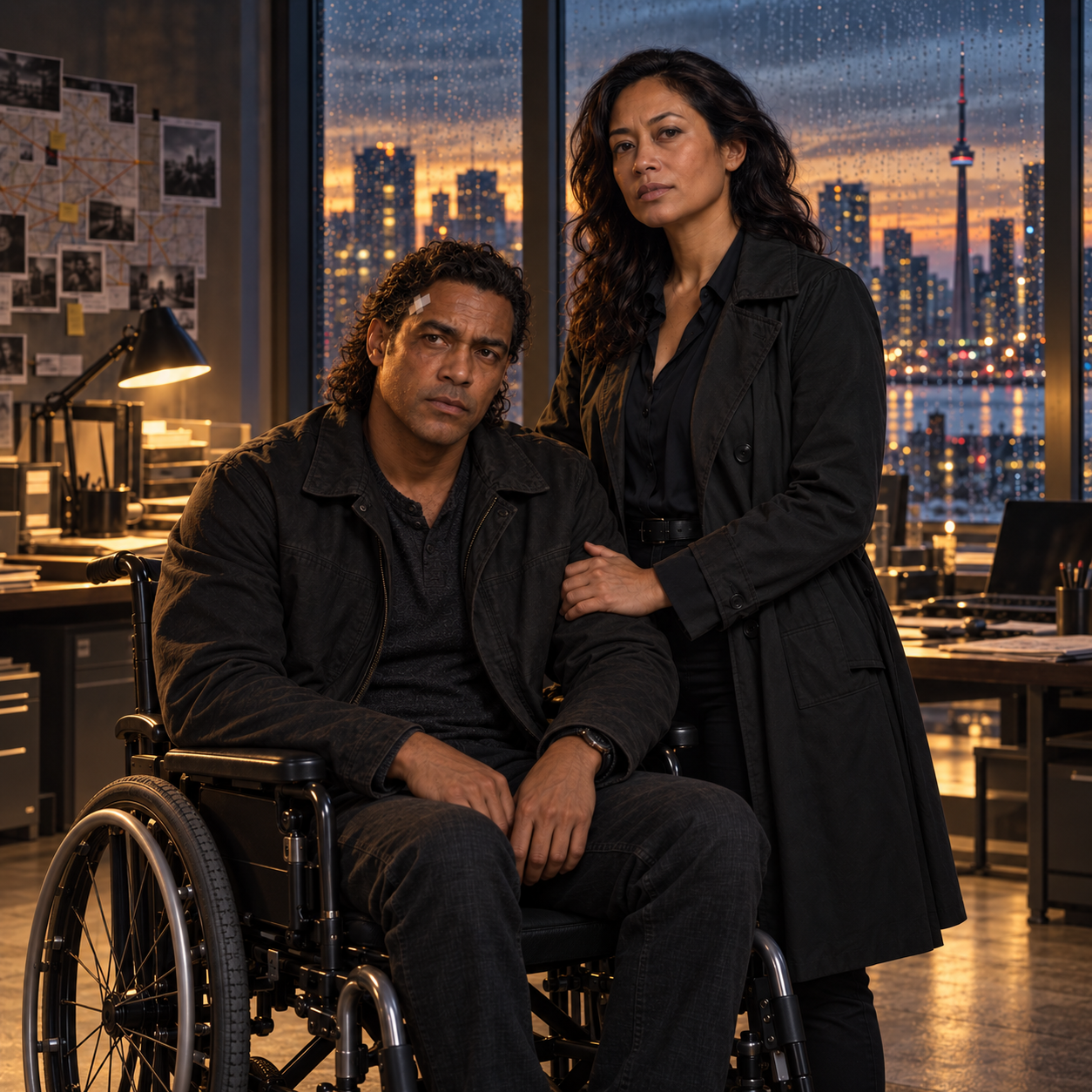 Jimmy Guile seated in a wheelchair with Astrid beside him in their Toronto investigation office.