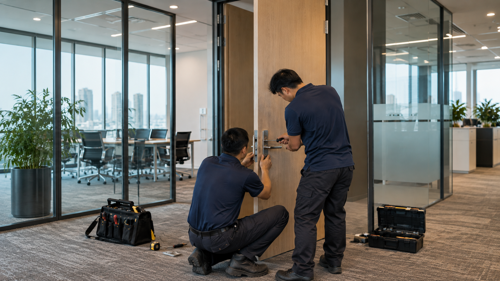 Two workers installing or repairing a glass door in a modern office with large windows and conference room in the background.