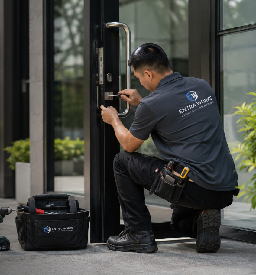 A technician working on the lock of a glass door, kneeling outdoors, with tools and a tool bag nearby.