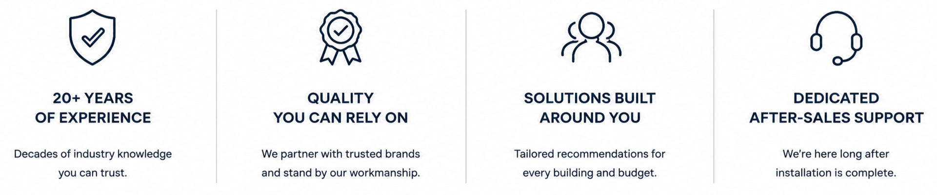 Four icons with accompanying text about experience, quality, solutions, and support. The first icon is a shield with a checkmark, representing over 20 years of experience. The second is a ribbon with a checkmark, emphasizing trusted quality. The third shows three people, indicating tailored solutions built around the customer. The fourth icon is a headset, symbolizing dedicated after-sales support.
