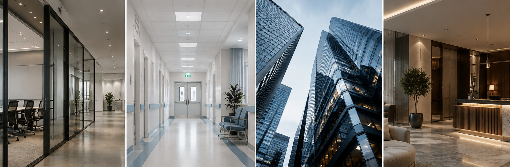 A collage of three images: the first shows a clean, modern office hallway with glass-walled conference rooms on the left and seating on the right; the second features a view of tall, reflective skyscrapers against a cloudy sky; the third depicts a stylish, contemporary hotel lobby with warm lighting, a reception desk, and indoor plants.