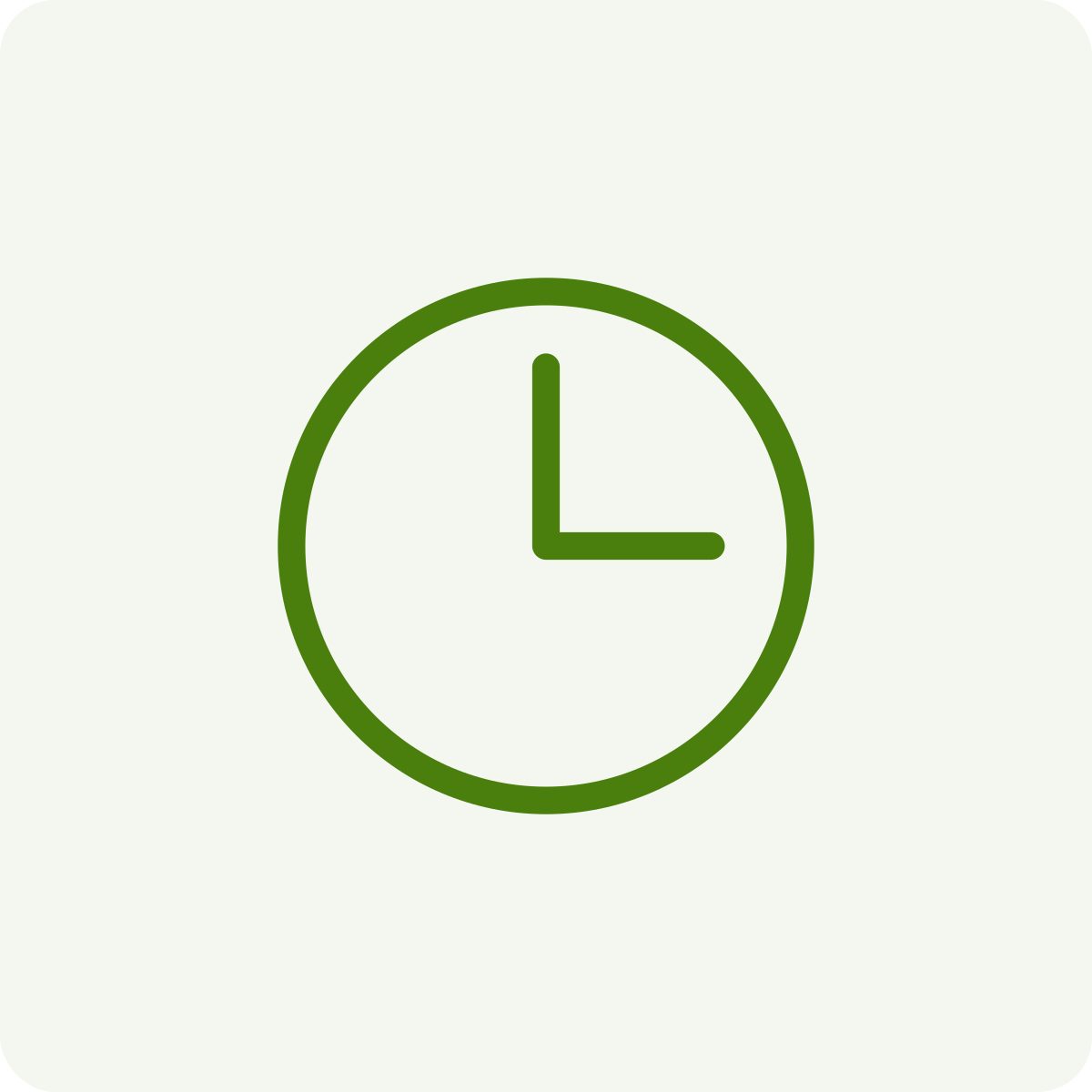 Circle clock face with green outline and hands showing 3:00.