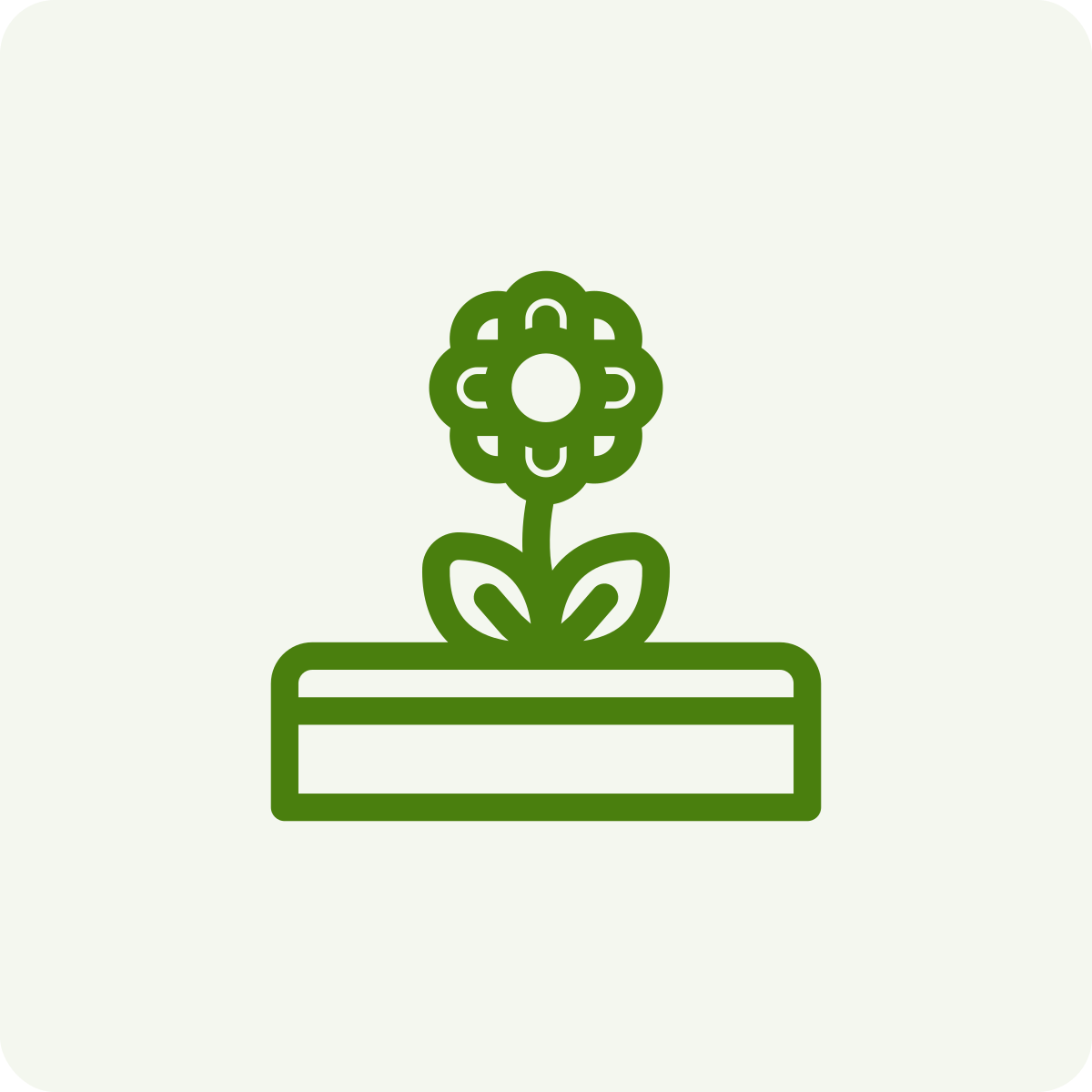 Line drawing of a potted flower with a large, decorative blossom, two leaves, and a rectangular flowerpot.