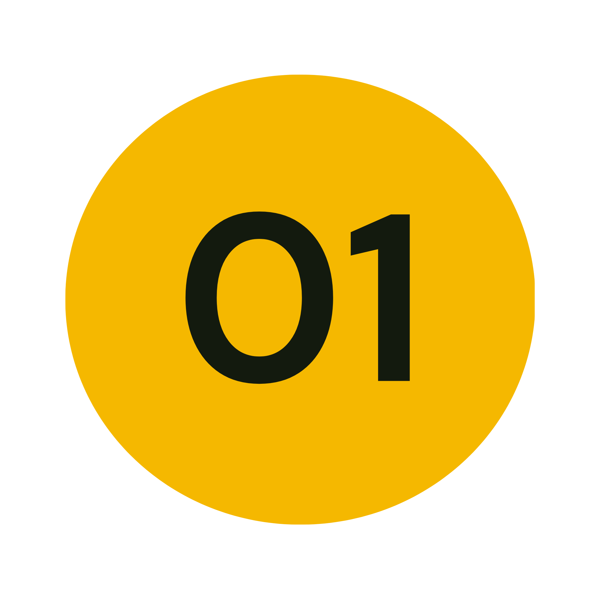 A black and yellow circular badge with the number 01 in bold black font in the center.