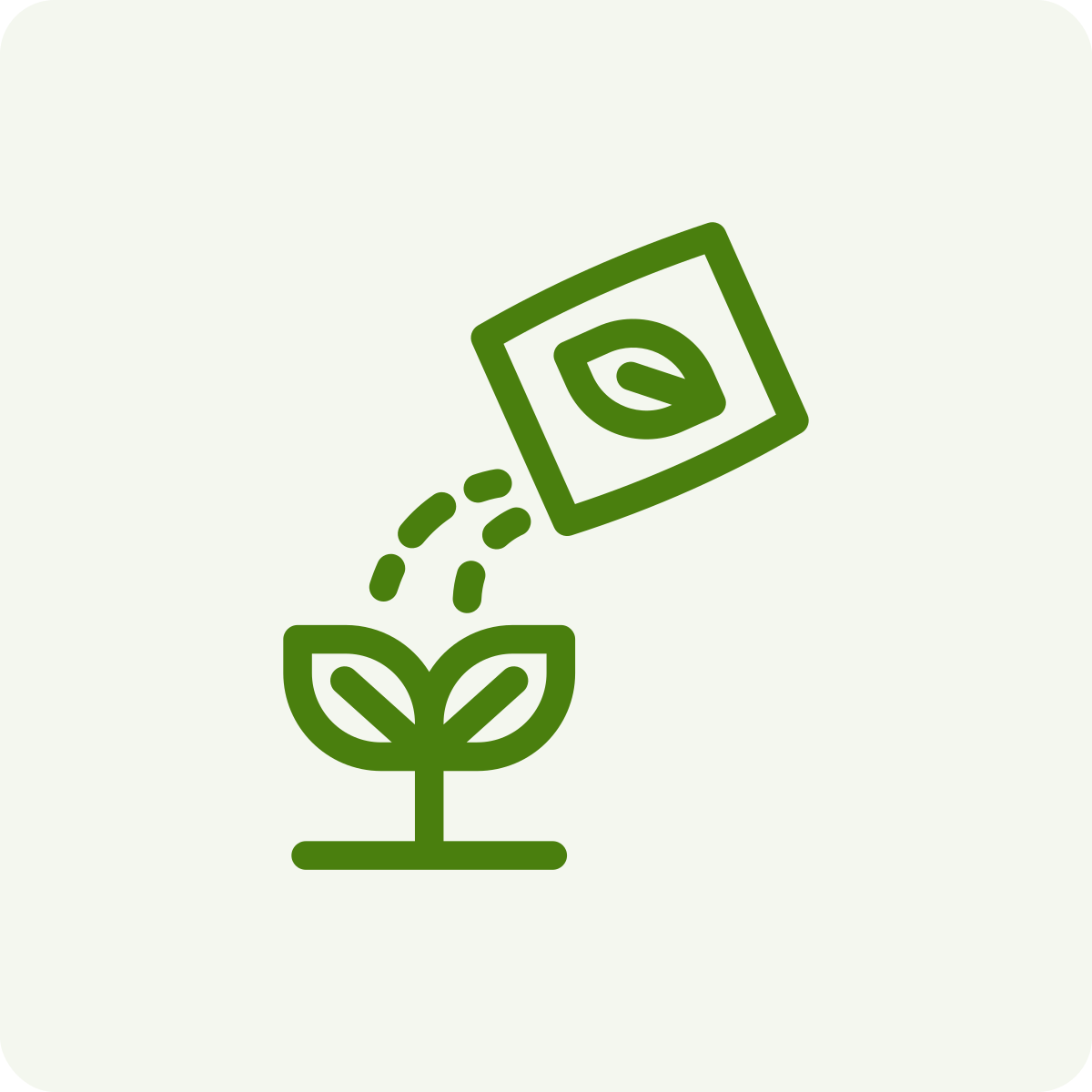 A green line drawing of a seedling with two leaves being watered by a watering can that has a leaf symbol on it, symbolizing eco-friendly or sustainable growth.